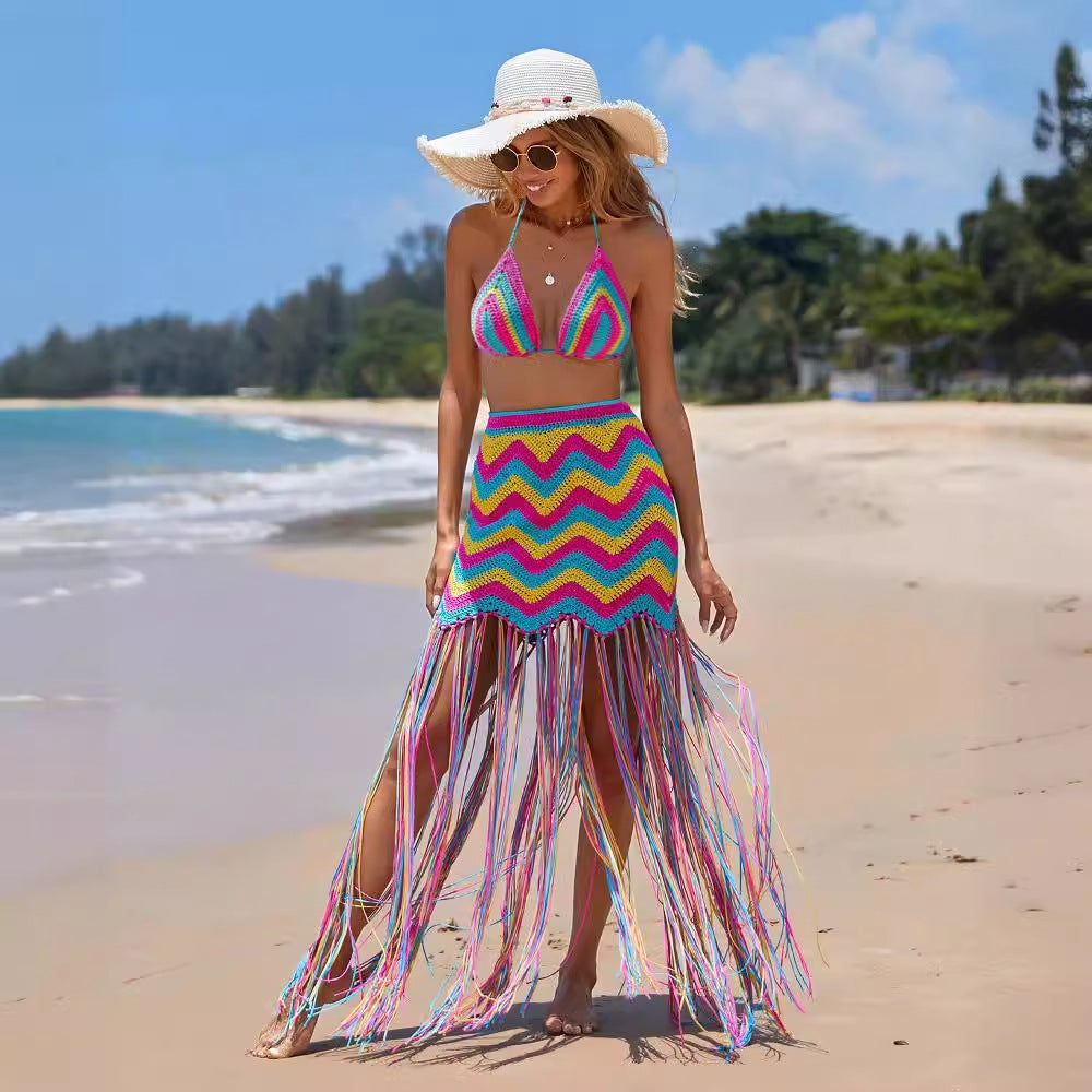 Women Clothing Sexy Hand Crocheted Wavy Tassel Beach Cover Up Skirt Set Bella Mia