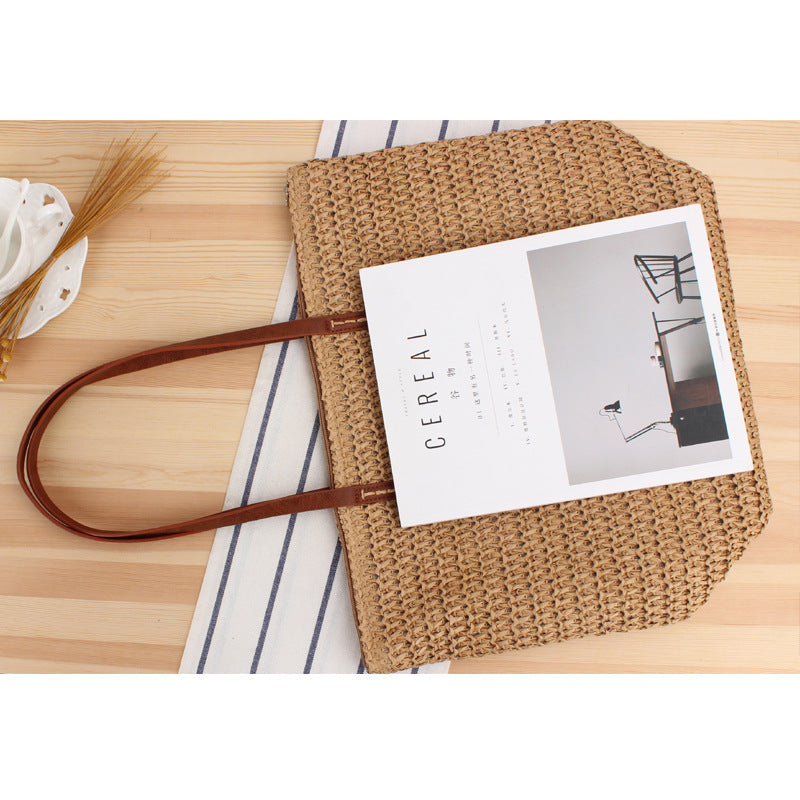 Solid Color Simple Shoulder Straw Bag Japanese Korean Woven Bag Daily Office Casual Vacation Women Bag Bella Mia