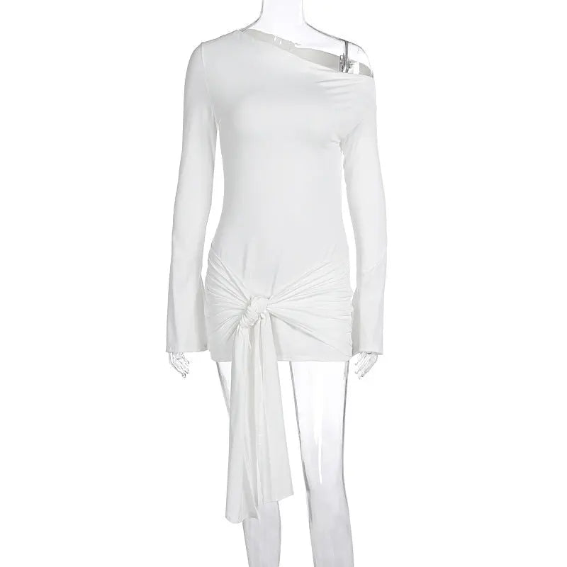 Autumn Winter Graceful Fashionable Solid Color Women Shoulder Waist Controlled Lace up Sheath Dress Bella Mia