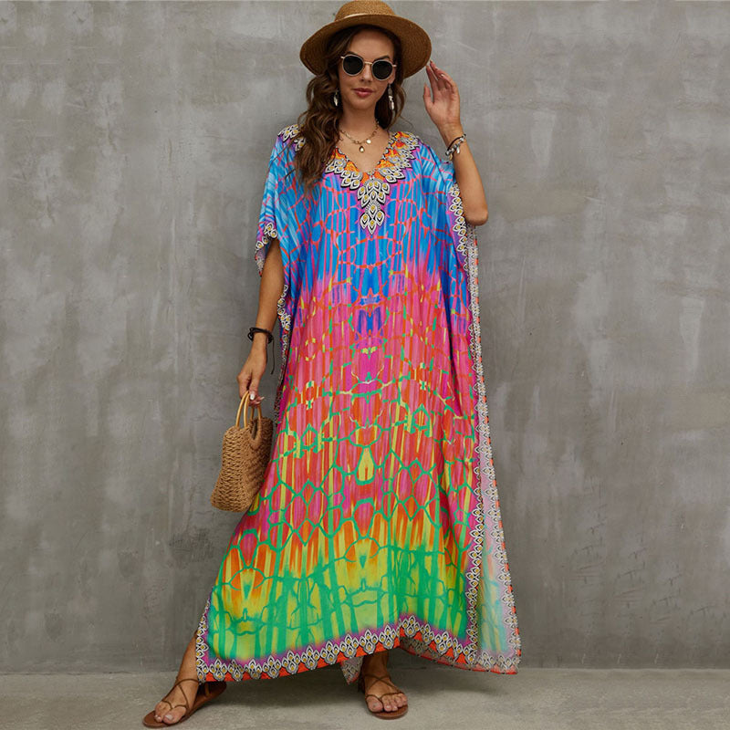 Rayon Positioning Printing Beach Cover Up V Neck Robe Vacation Skirt Bikini Cover Bella Mia