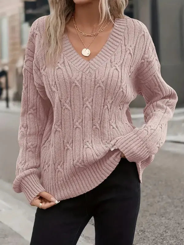 Women Clothing Autumn Winter V neck Sweater Women Twist Thread Solid Color Sweater Loose Top Bella Mia