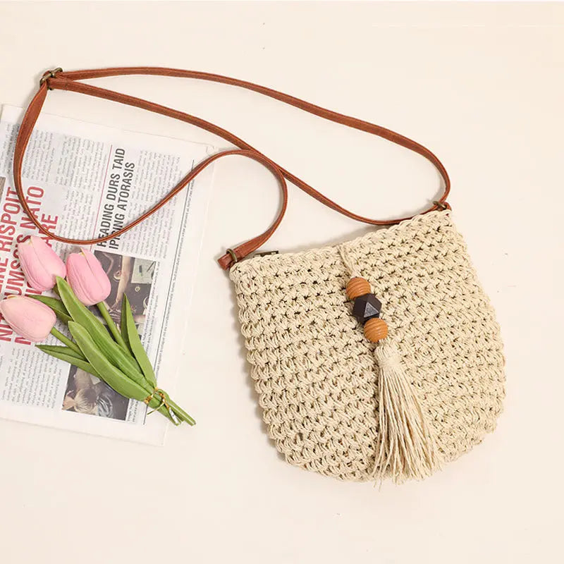 Crossbody Straw Bag With Wooden Bead Tassel Woven Beach Bag For Women Bella Mia