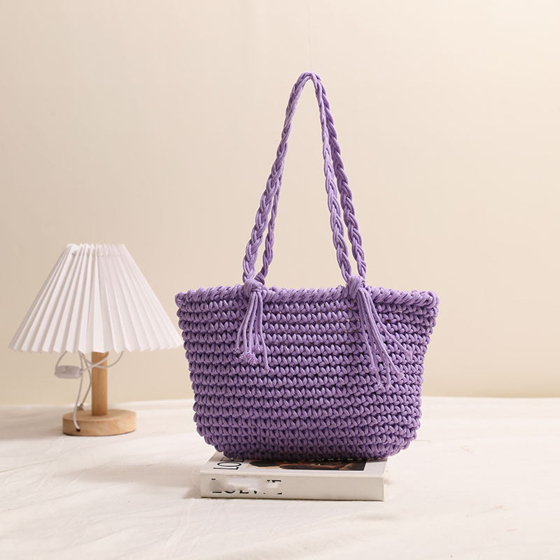 Tassel Shoulder Cotton Thread Woven Bag Solid Color Straw Bag Vacation Beach Bag Casual Women Bag Bella Mia