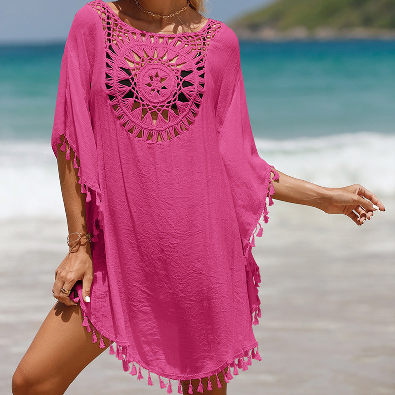 Vacation Hand Crocheting Solid Color Stitching Beach Dress Fimbrilla Sun Protection Short Sexy Beach Blouse Bella Mia