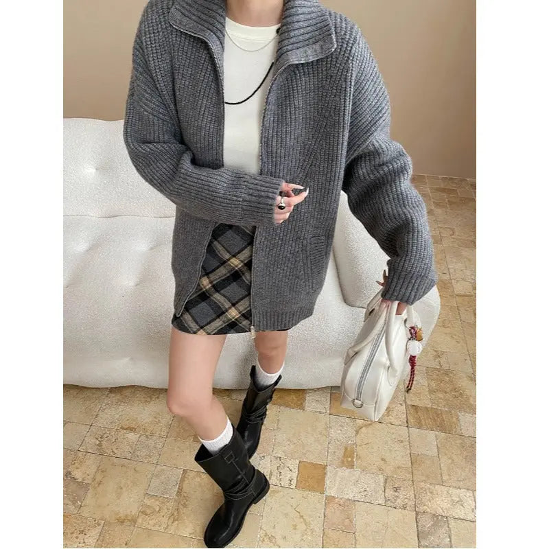 Loose Feeling Weekend Soft Glutinous Idle Double Zipper Loose Knitted Cardigan Sweater Coat Bella Mia
