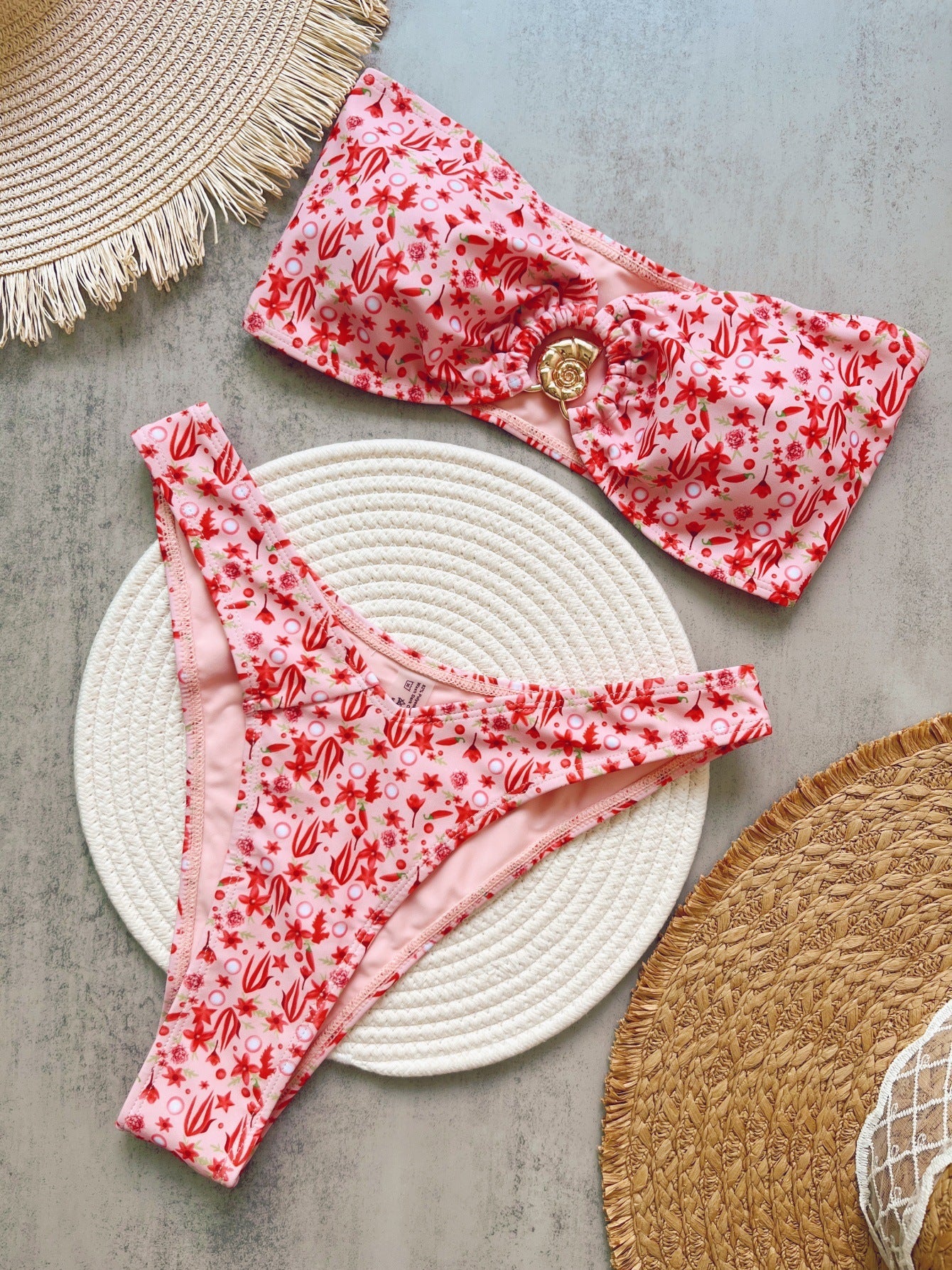 Floral Print Tube Top Bikini Two Piece Sets Low Waist Lace up