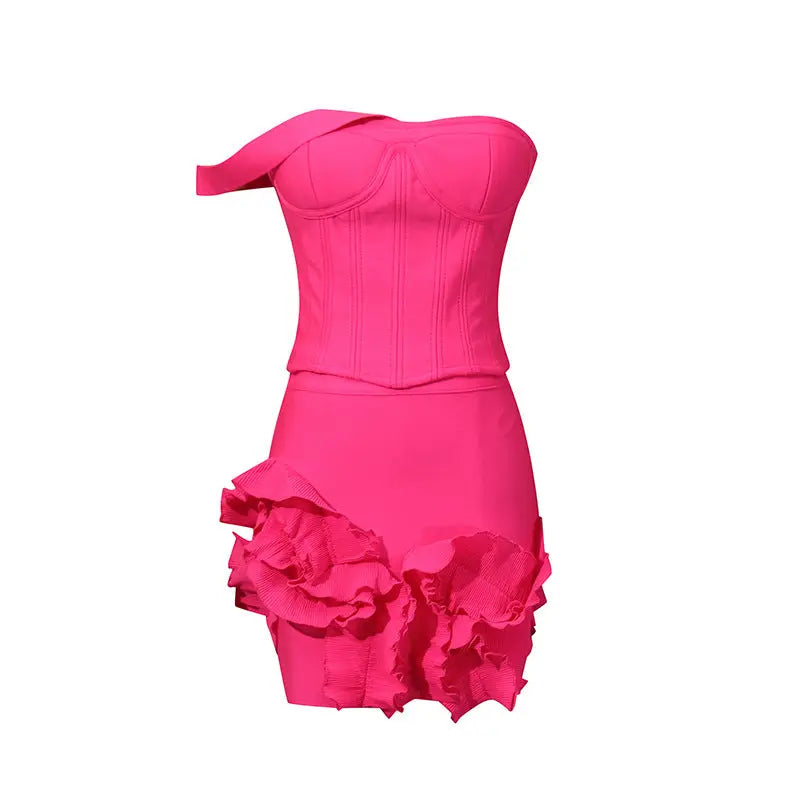 Fantasy Floral Room Barbie Waist Tube Top Two Piece Set Three Dimensional Floral Stitching Solid Color Women Summer Bella Mia