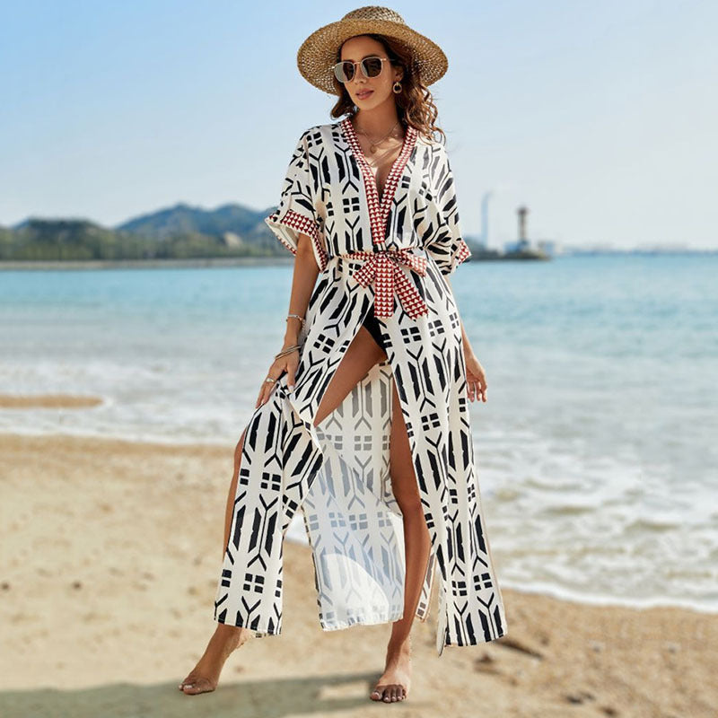 Elastic Printing Beach Cover-up Sexy Cardigan Vacation Sun Protection Beach Cover Up Bella Mia
