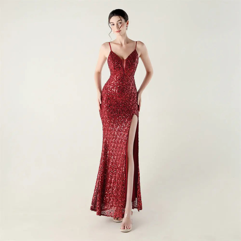 Bead Tube Sequin Spaghetti Strap High Slit Evening Dress Cross Tied Slim Fit Slimming Dinner Social Women Bella Mia
