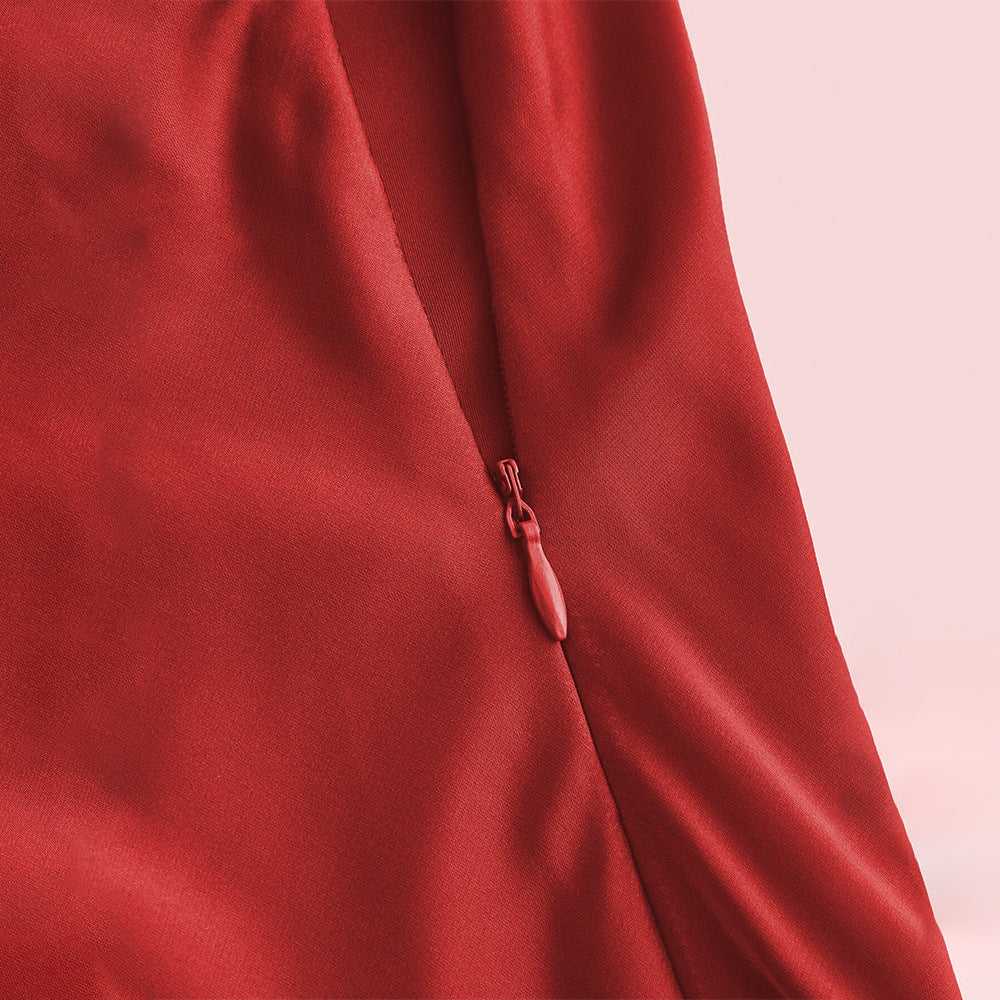 Popular Satin Sling Swing Collar Waist Tight Flab Hiding Design Irregular Asymmetric Hem Dress Bella Mia