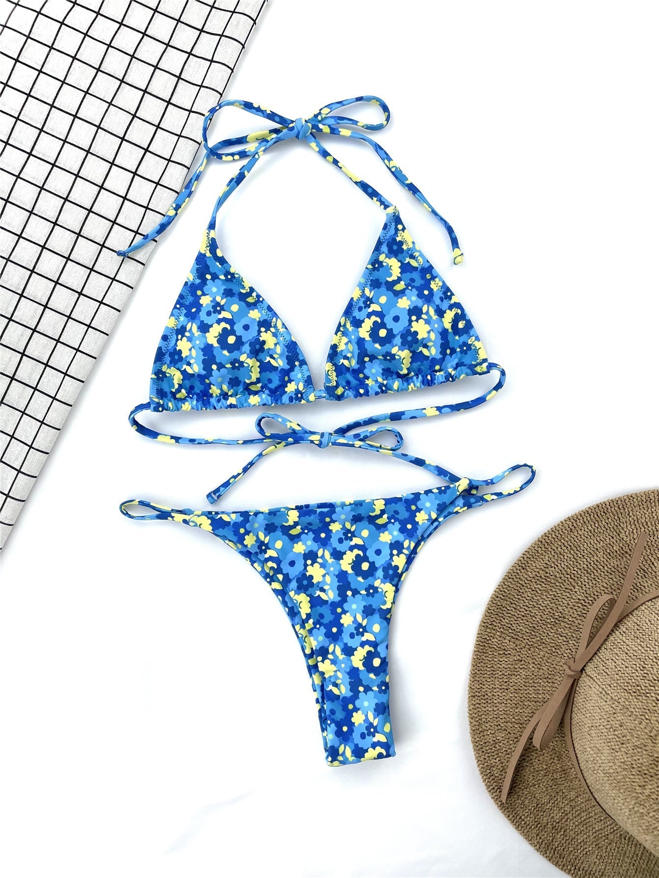Women Seperated Swimwear Blue Floral Tie-Neck Bikini Bella Mia