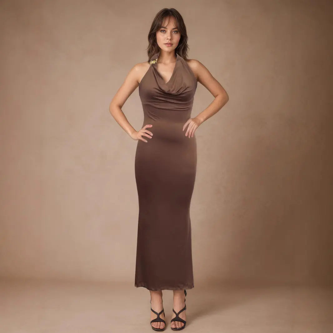 V Neck Halter Maxi Dress For Women Summer Bodycon Polyester Solid Bella Mia