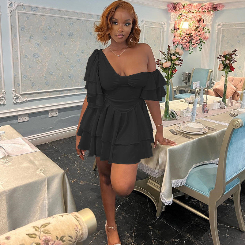 Solid Color Pleated Ruffle Sleeve Dress Irregular Asymmetric Diagonal Collar Tiered Dress Pullover Street Hipster Dress for Women Bella Mia