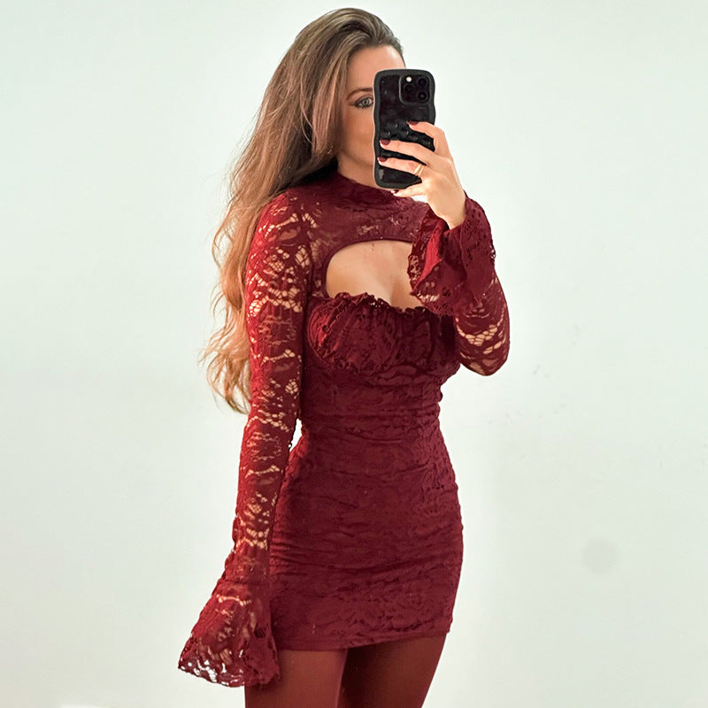Women Clothing Lace Stitching Chest Hollow Out Cutout Flared Sleeve Waist Hip dress Bella Mia
