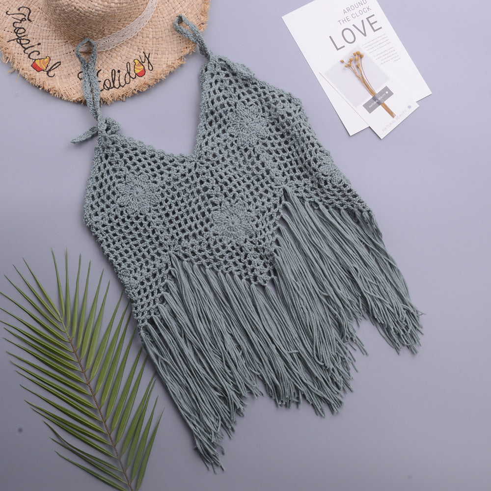 Vacation Beach Tassel Pure Hand Crocheting Woven Split Swimsuit V-neck Lace up Top Women Crochet Bella Mia