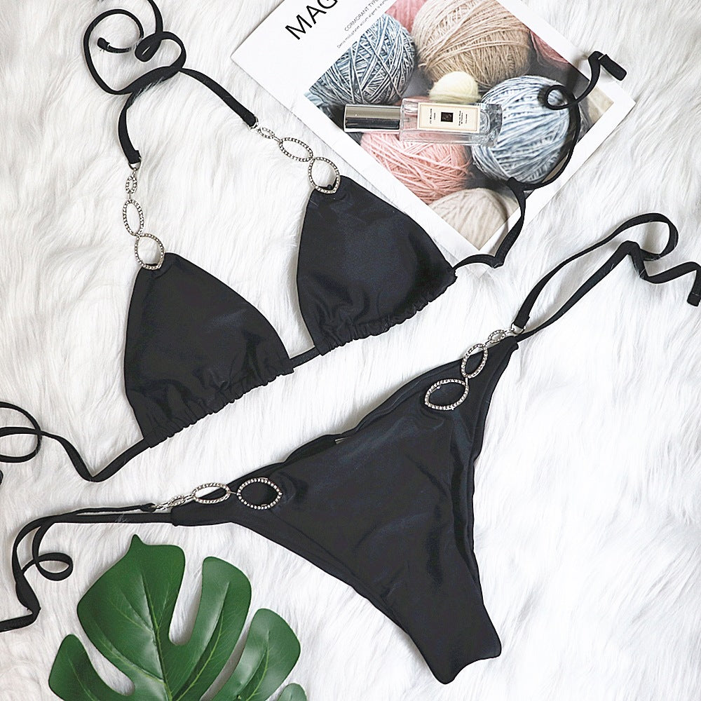 Bikini Sexy Metal Accessories Rhinestone Women Split Swimsuit Plain Bandage Swimsuit Bella Mia