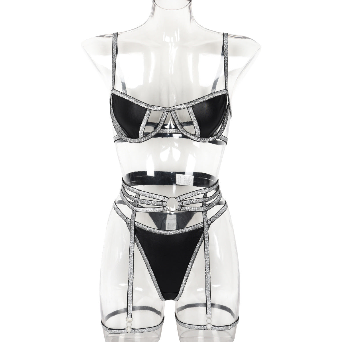 Sexy Underwear Three-Piece Set Gold Silver Silk Line Faux Leather Stitching Sexy Suit Women Bella Mia