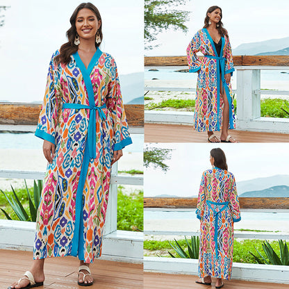 Rayon Tie Dyed Beach Cover Up Mid Length Sunscreen Shirt Cardigan Women Vacation Bikini Cover Up