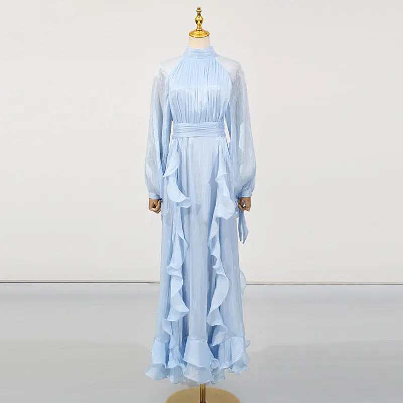 French Elegant Socialite Fairy Dress Summer Stand up Collar Puff Sleeve Pleated Waist Tight Dress Women Bella Mia