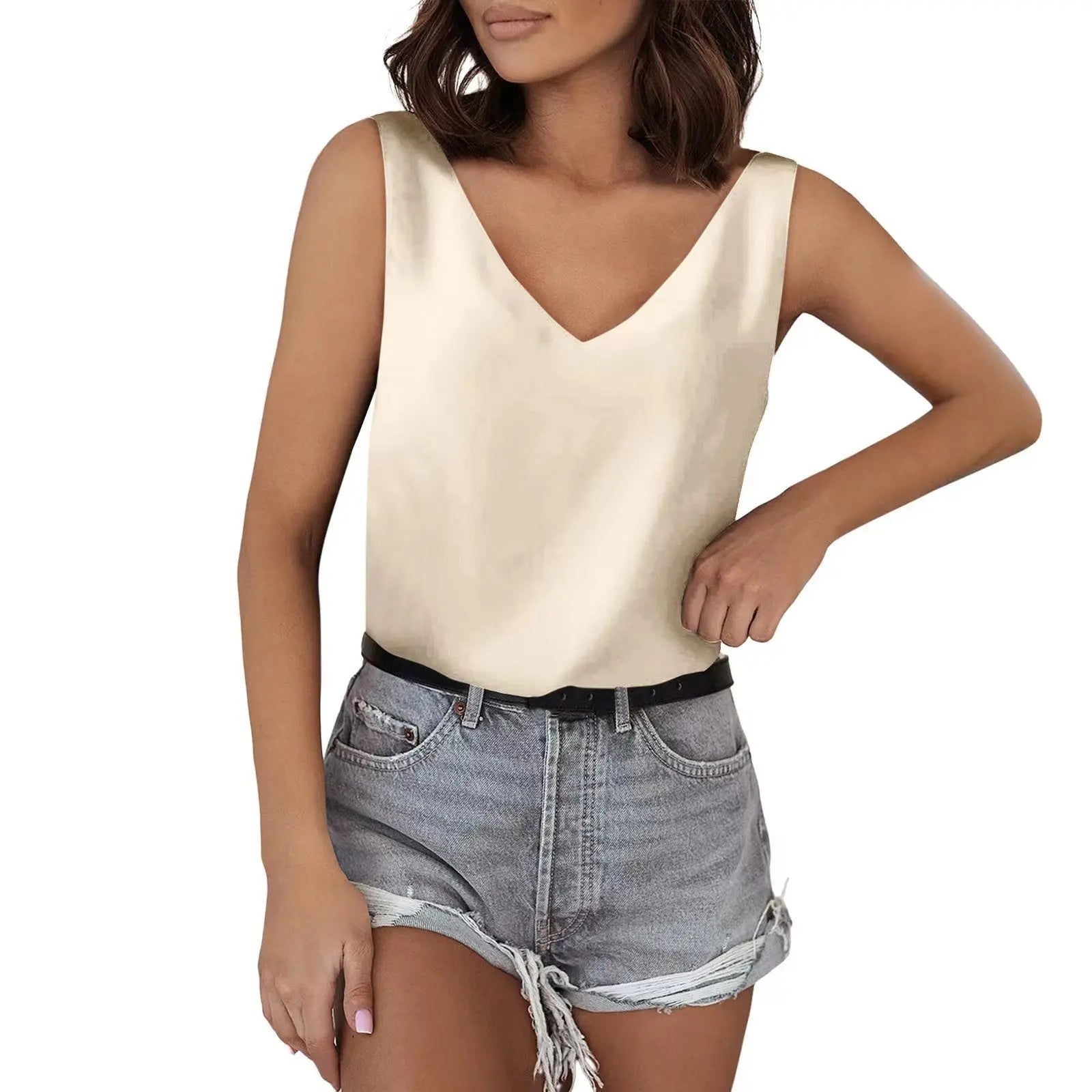 Solid Color Satin Vest V neck Casual Camisole Sleeveless Shirt Summer Basic Bella Mia