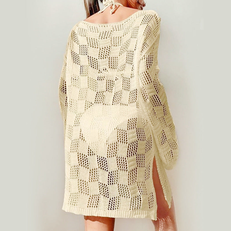 Summer Beach Dress Women Solid Color Sexy Knitted Hollow Out Cutout Beach Bikini Swimsuit Blouse Sun Protective Clothing Crochet hook Bella Mia