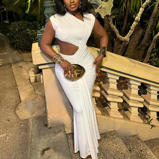 Women Clothing Solid Color Dress Diagonal Collar Sleeveless Ribbon Fishtail Dress Bella Mia