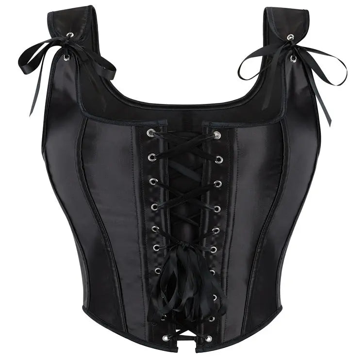 Black Satin Lace Up Corset Bustier Top With Boning And Straps Bella Mia