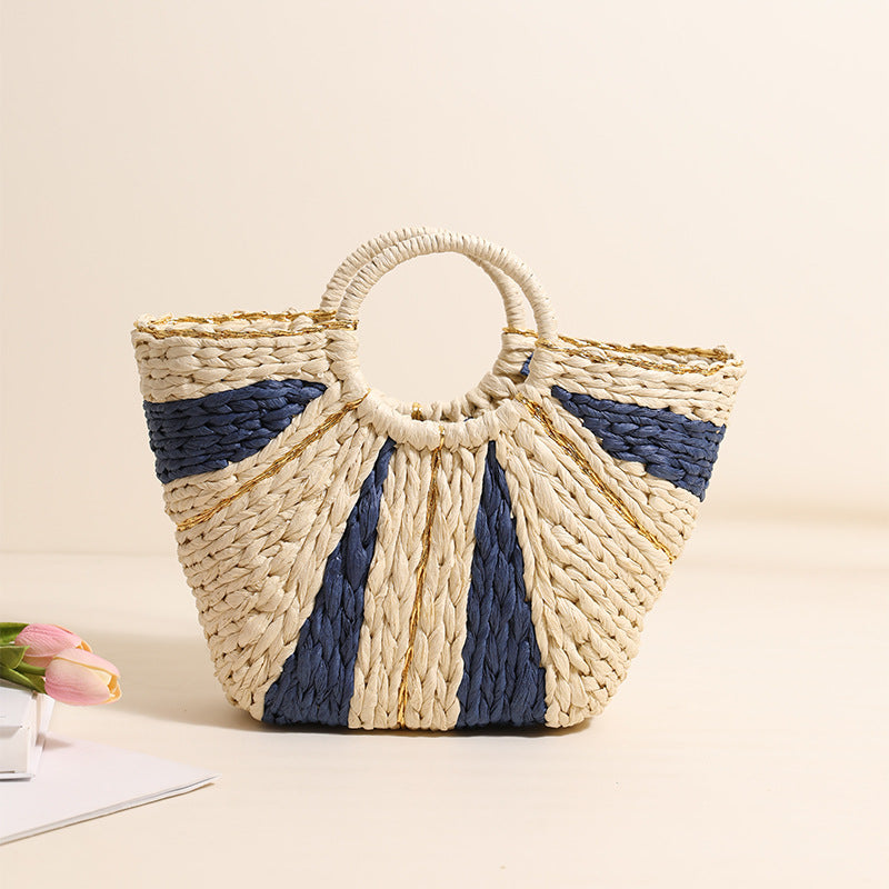 Pastoral Large Capacity Portable Straw-Weaved Bag Contrast Color Hand Carrying Straw Bag Woven Bag Vacation Beach Bag Vegetable Basket Bella Mia