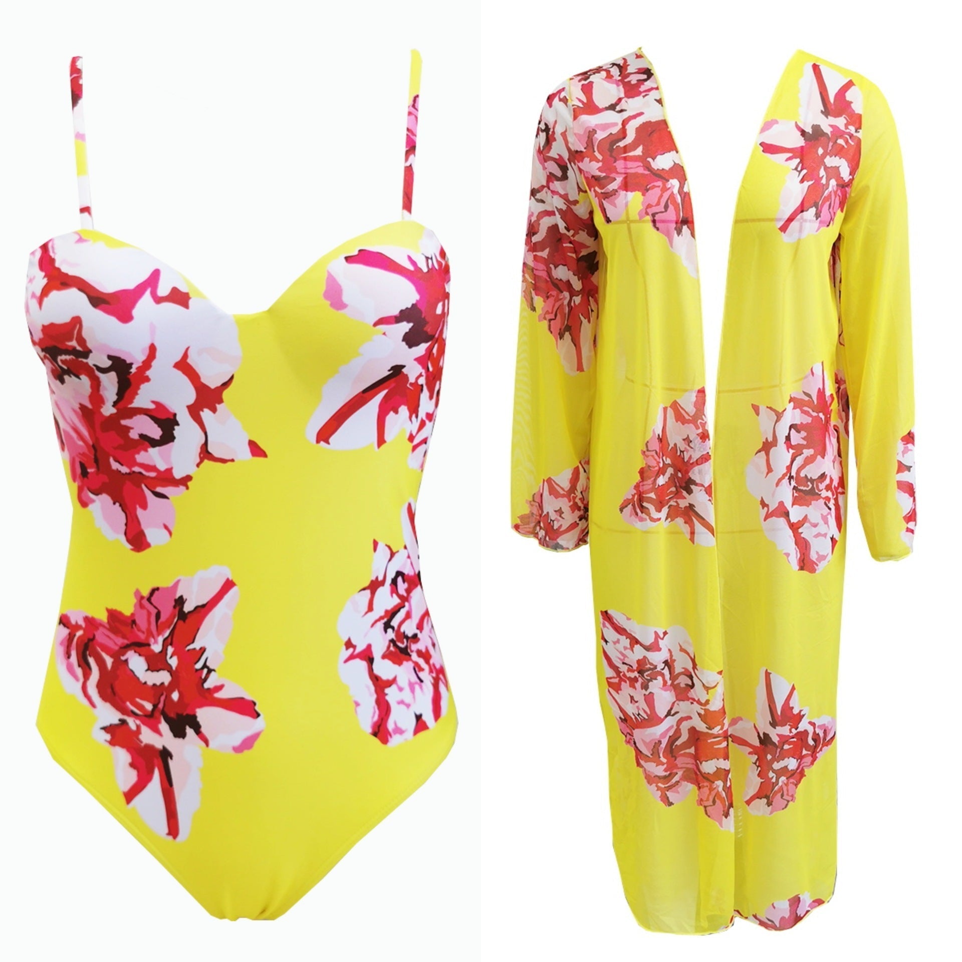 Women One Piece Swimsuit Two Piece Set Long Sleeve Mesh Blouse Sexy Printed Swimsuit Bella Mia