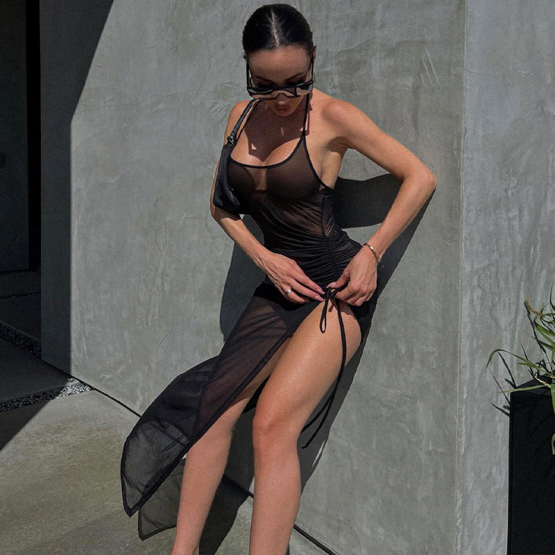Women Clothing Summer Mesh Sexy See through Slit Slim Fitting Dress Bella Mia