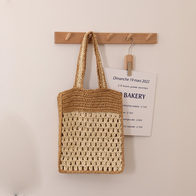 Color Matching Hollow Out Cutout out Crochet Shoulder Straw Bag Special Interest Design Hand Woven Bag Seaside Vacation Beach Bag Bella Mia