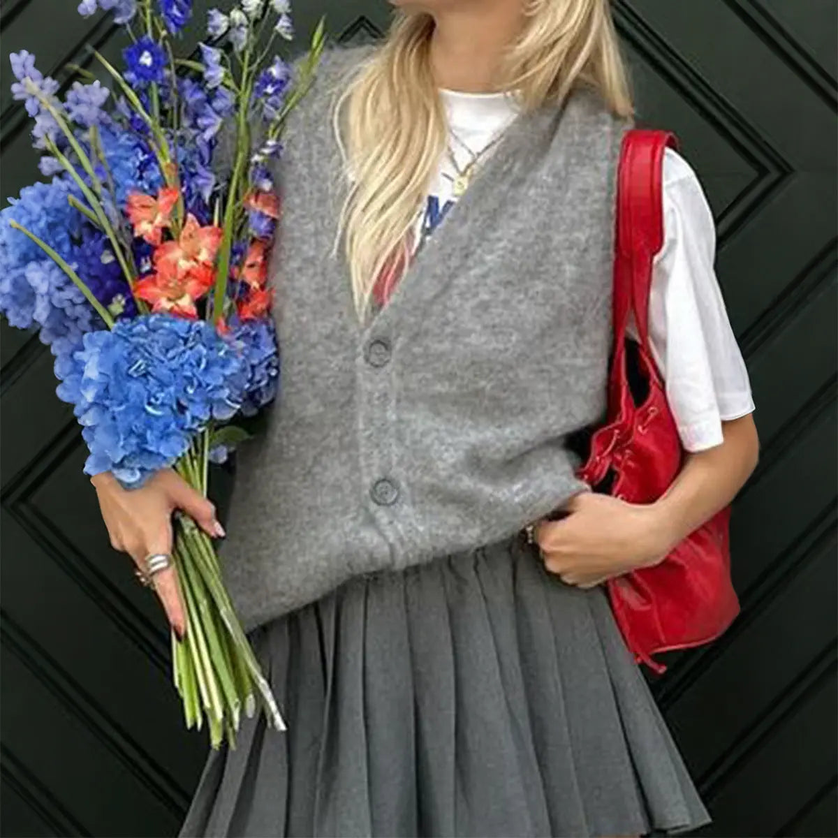 Casual Button Vest Women Polyester Jersey Crew Neck Loose Fit Top Bella Mia