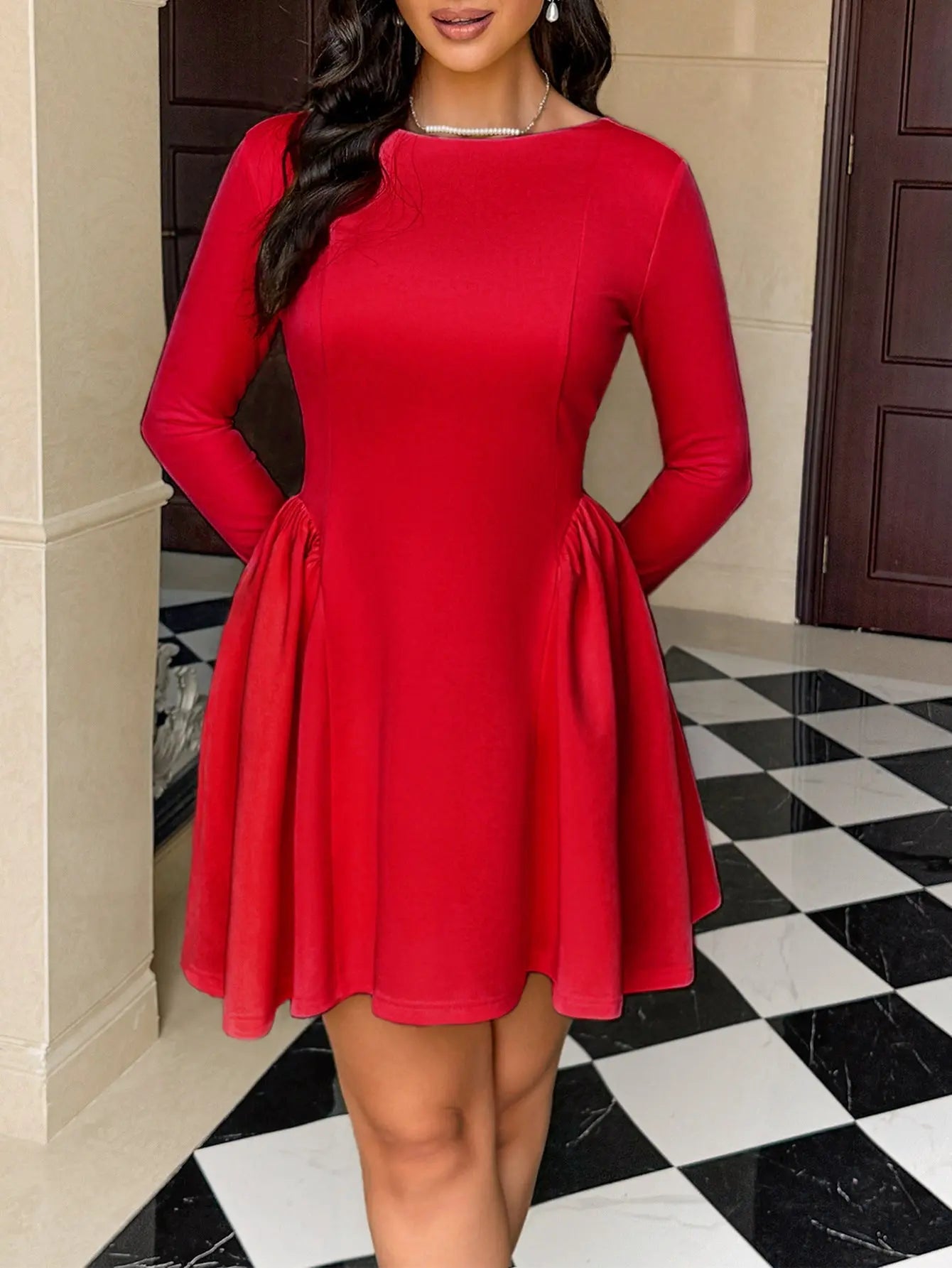 Women Autumn Elegant Short A Line Dress With Long Sleeve Backless Ruched Zipper Bella Mia
