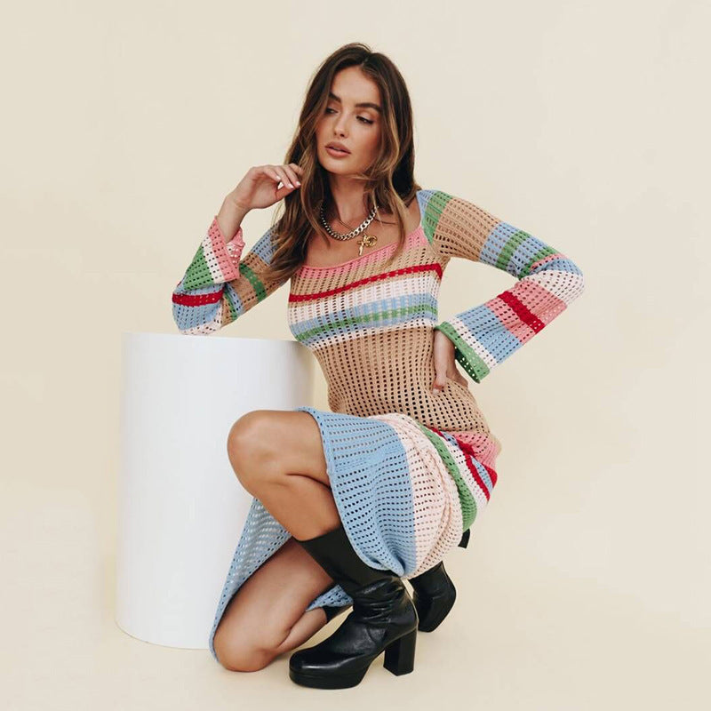 Autumn Mid-Length Dress Women Colorful Contrast Color U Collar Sexy Hollow Out Cutout Long-Sleeved Knitted Dress Women Crochet Crochet hook Bella Mia