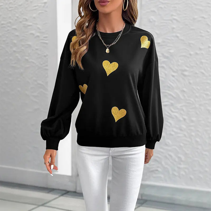 Autumn Romantic Sweet Heart Printing Loose round Neck Long Sleeve Sweatshirts Bella Mia