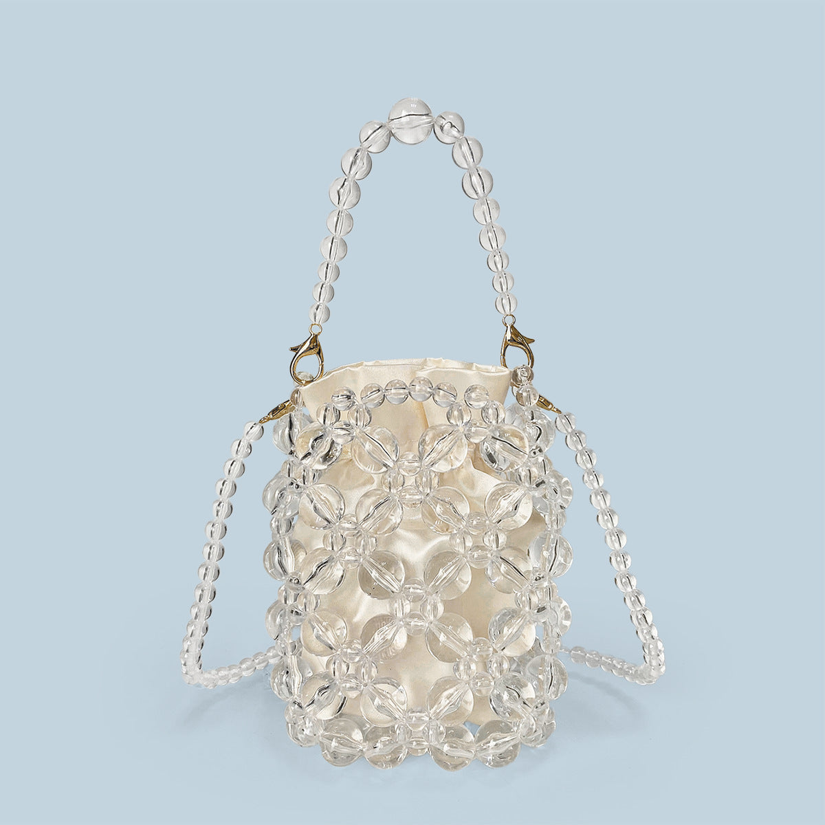 Transparent Irregular Asymmetric Hand Woven Acrylic Crystal String Beads Cocktail Mobile Phone Bag Cross Body Bucket Pouch Bella Mia