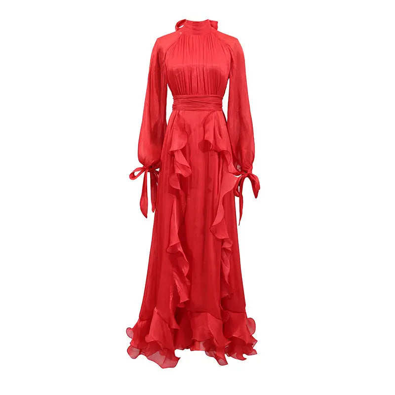 French Elegant Socialite Fairy Dress Summer Stand up Collar Puff Sleeve Pleated Waist Tight Dress Women Bella Mia