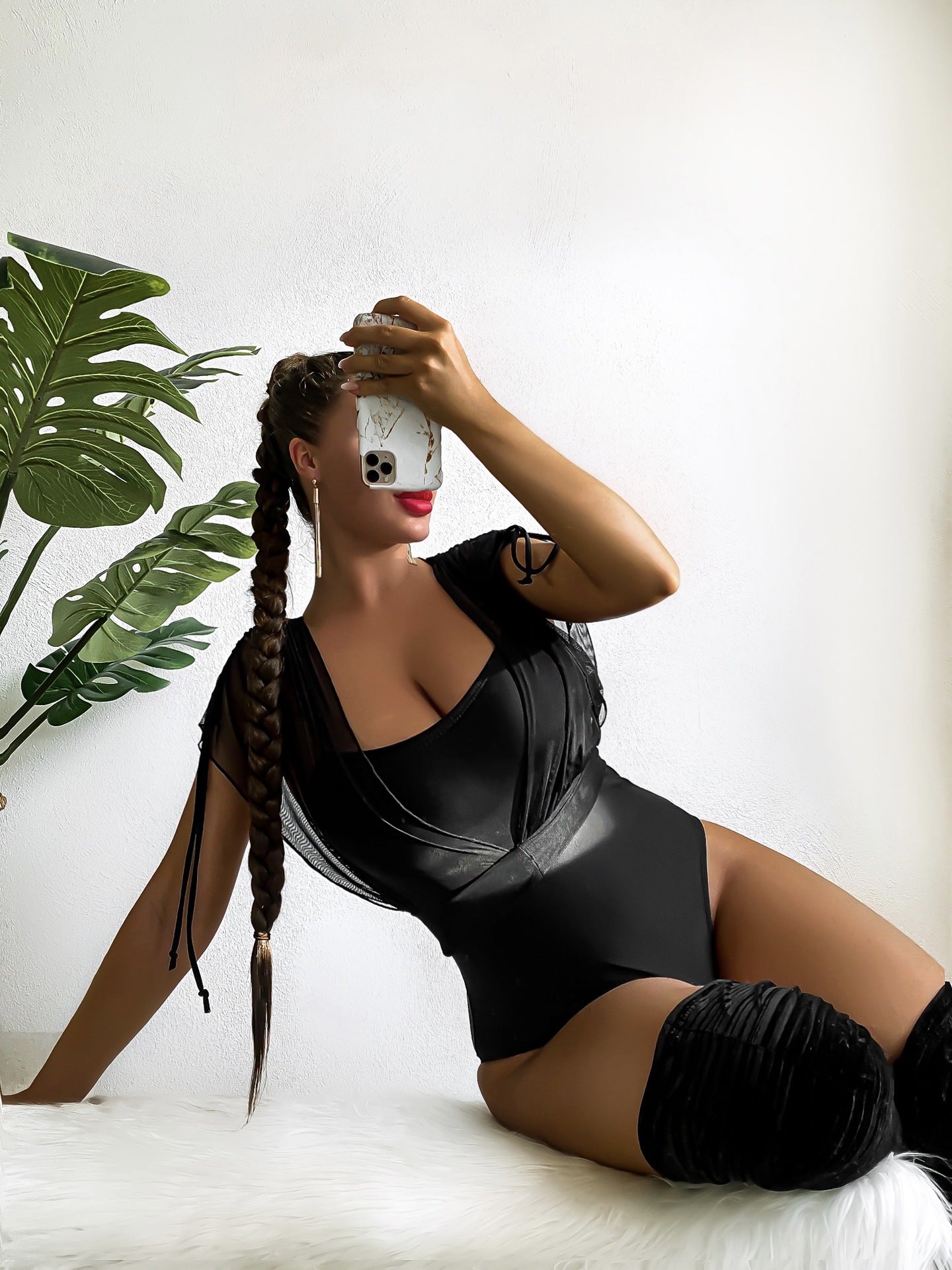 Sexy Solid Color One Piece High Waist Mesh V Neck Top Bella Mia