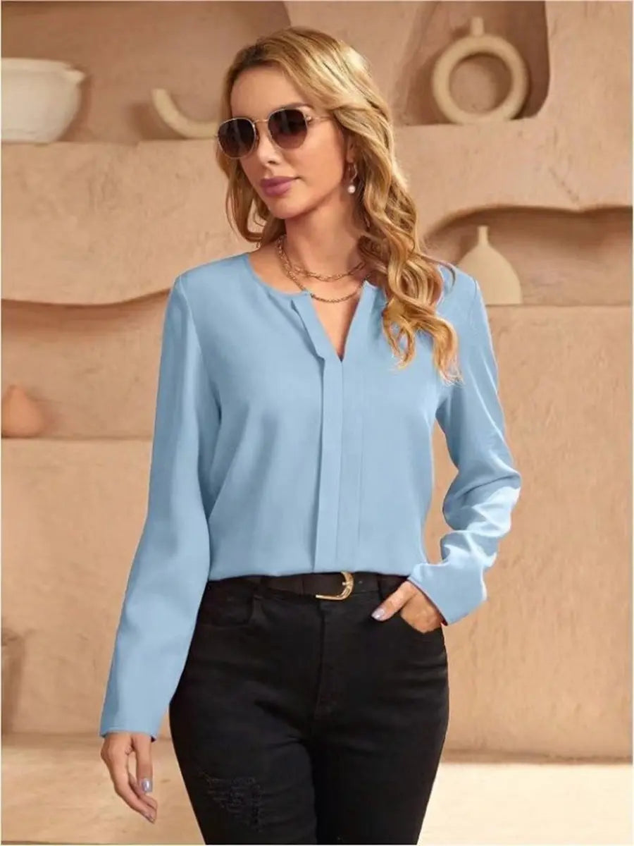 Elegant Satin Blouse For Women Spring Fall Loose Fit V Neck Long Sleeve Bella Mia
