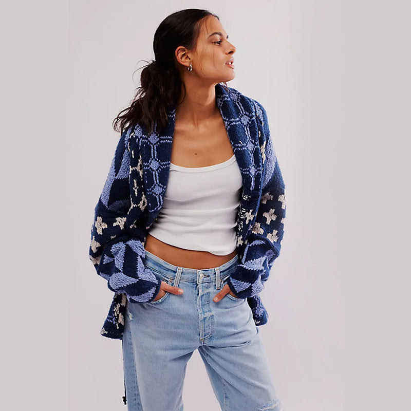 Autumn Winter Knitwear Abstract Printing Collared Loose Long Sleeve Knitted Sweater for Women Bella Mia