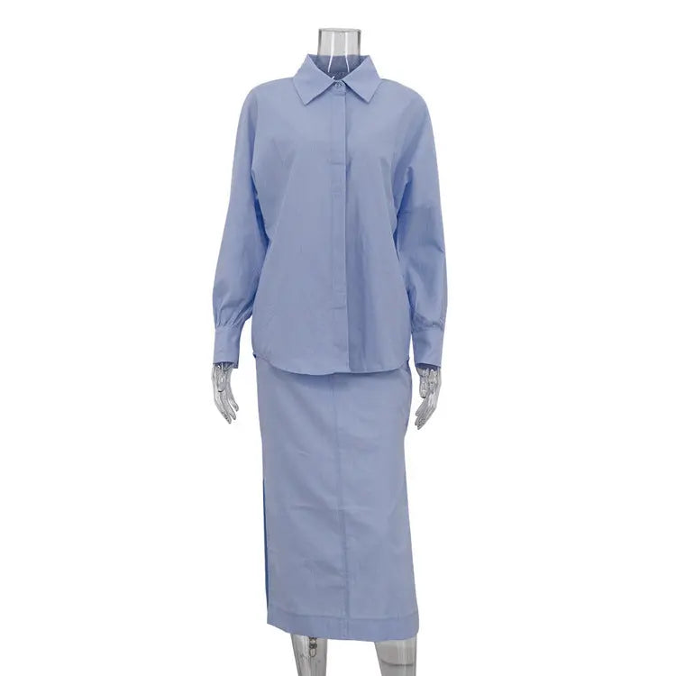 Women Cotton Split Skirt Office Collared Long Sleeve Cardigan Top Two Piece Set Bella Mia