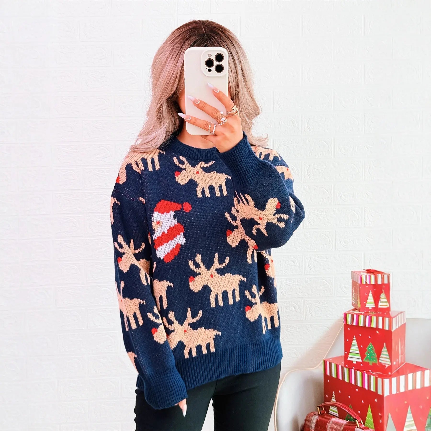 Christmas Contrast Color Deer Jacquard Knitted Sweater Crew Neck Casual Bella Mia