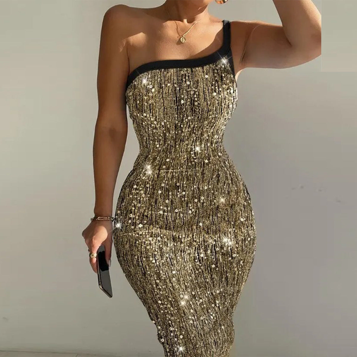 Women Clothing Sequin Retro Sexy One Shoulder Sling Backless Stretch Dress Bella Mia