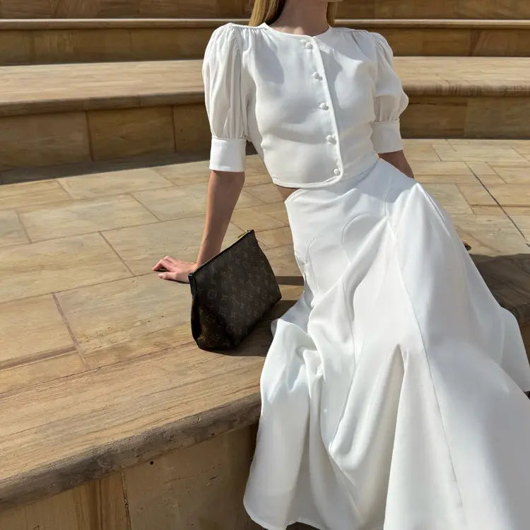 Women Clothing Satin High Grade Skirt Set round Neck Short Sleeve Cardigan Top Elegant Two Piece Set Bella Mia