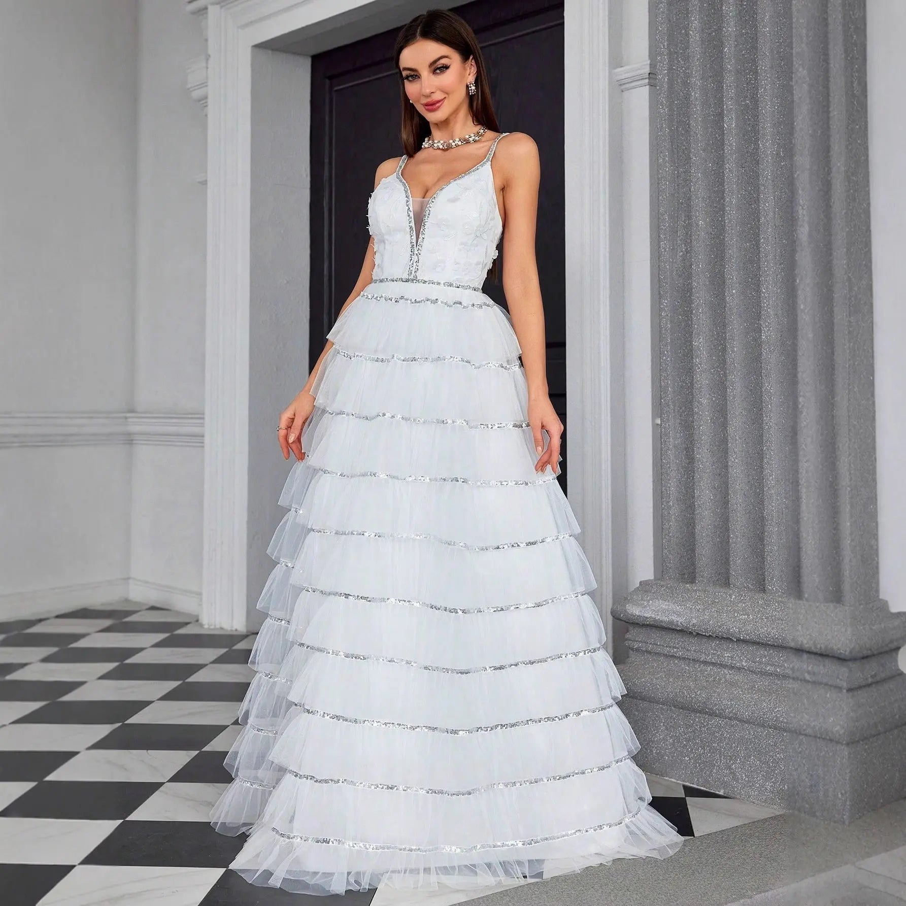 Suspender V neck Evening Dress Tube Top Dress Layered Women Dress Bella Mia