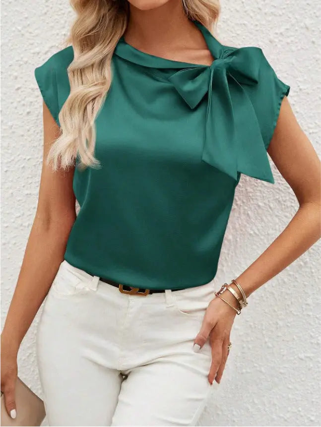 Half Open Collar Bow Satin Top Special Interest Design Satin Women Clothing T shirt Bella Mia