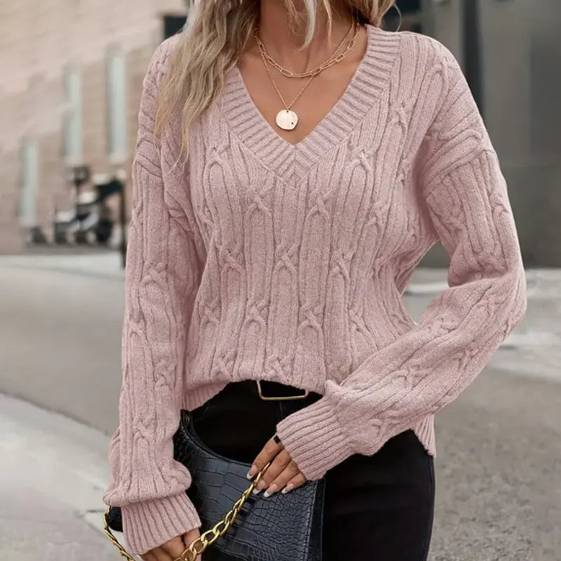 Women Clothing Autumn Winter V neck Sweater Women Twist Thread Solid Color Sweater Loose Top Bella Mia