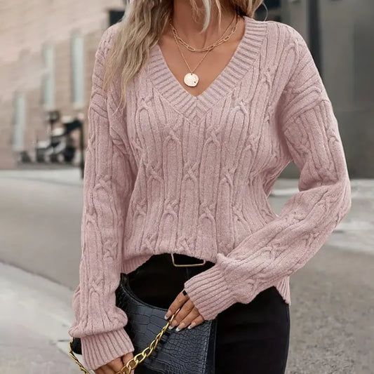 Women Clothing Autumn Winter V neck Sweater Women Twist Thread Solid Color Sweater Loose Top Bella Mia