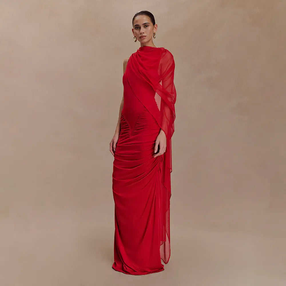 Fashionable Pleated Mesh Shawl Dress Sexy Sheath round Neck Slim Dress Bella Mia