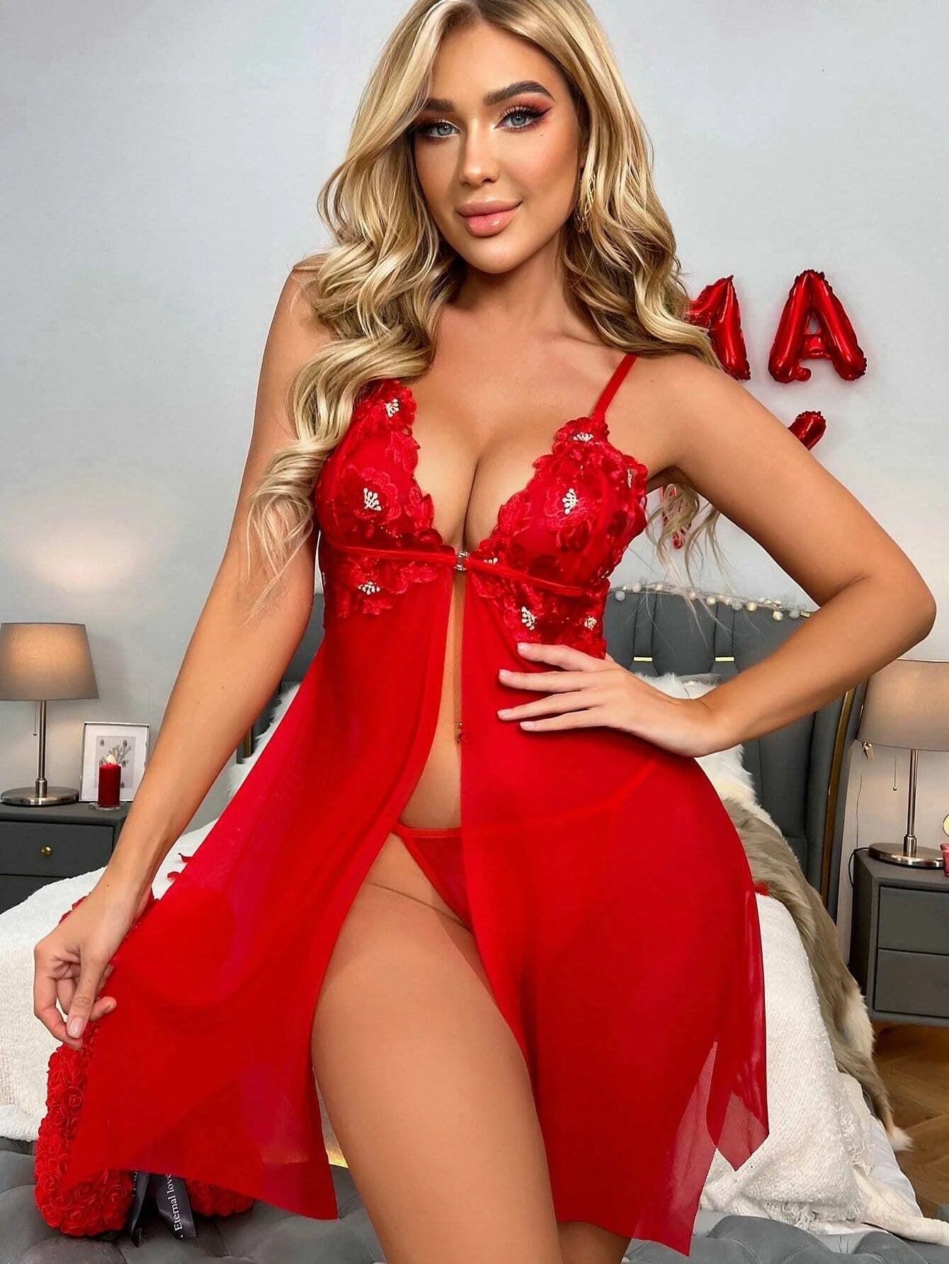 Sexy Red Mesh Camisole Nightdress Sexy Suit Bella Mia